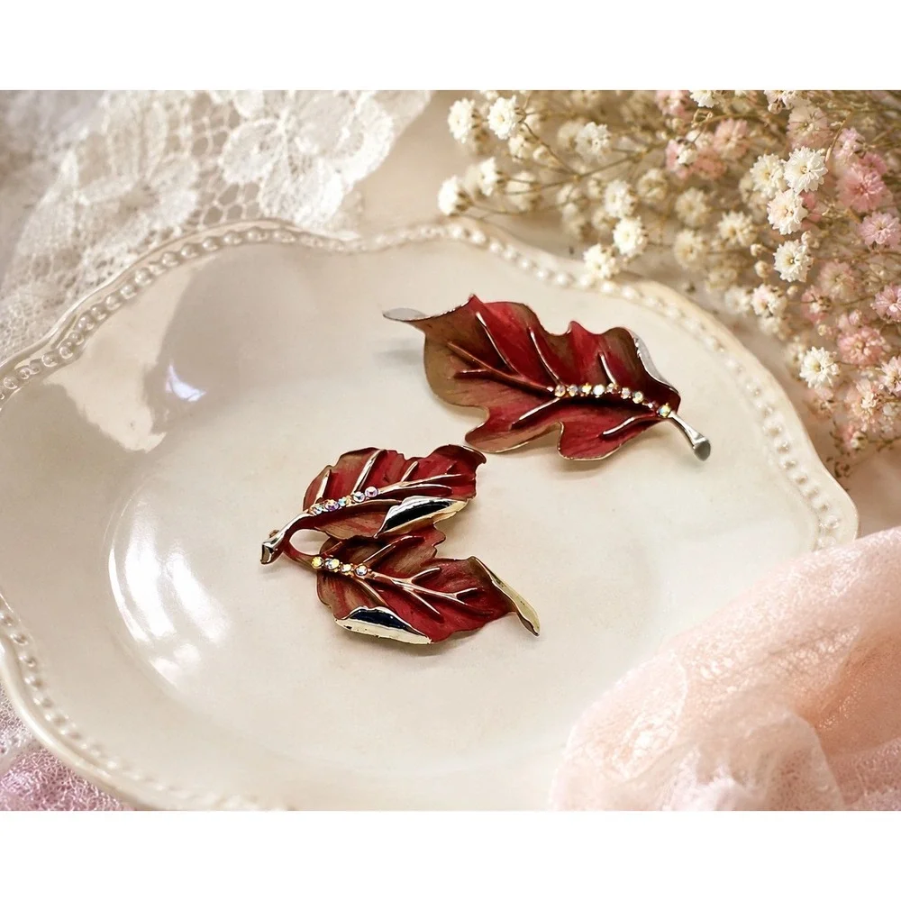 Vintage BSK Enamel Rhinestone Leaf Brooch Pins Set Burgundy Mid Century Fall